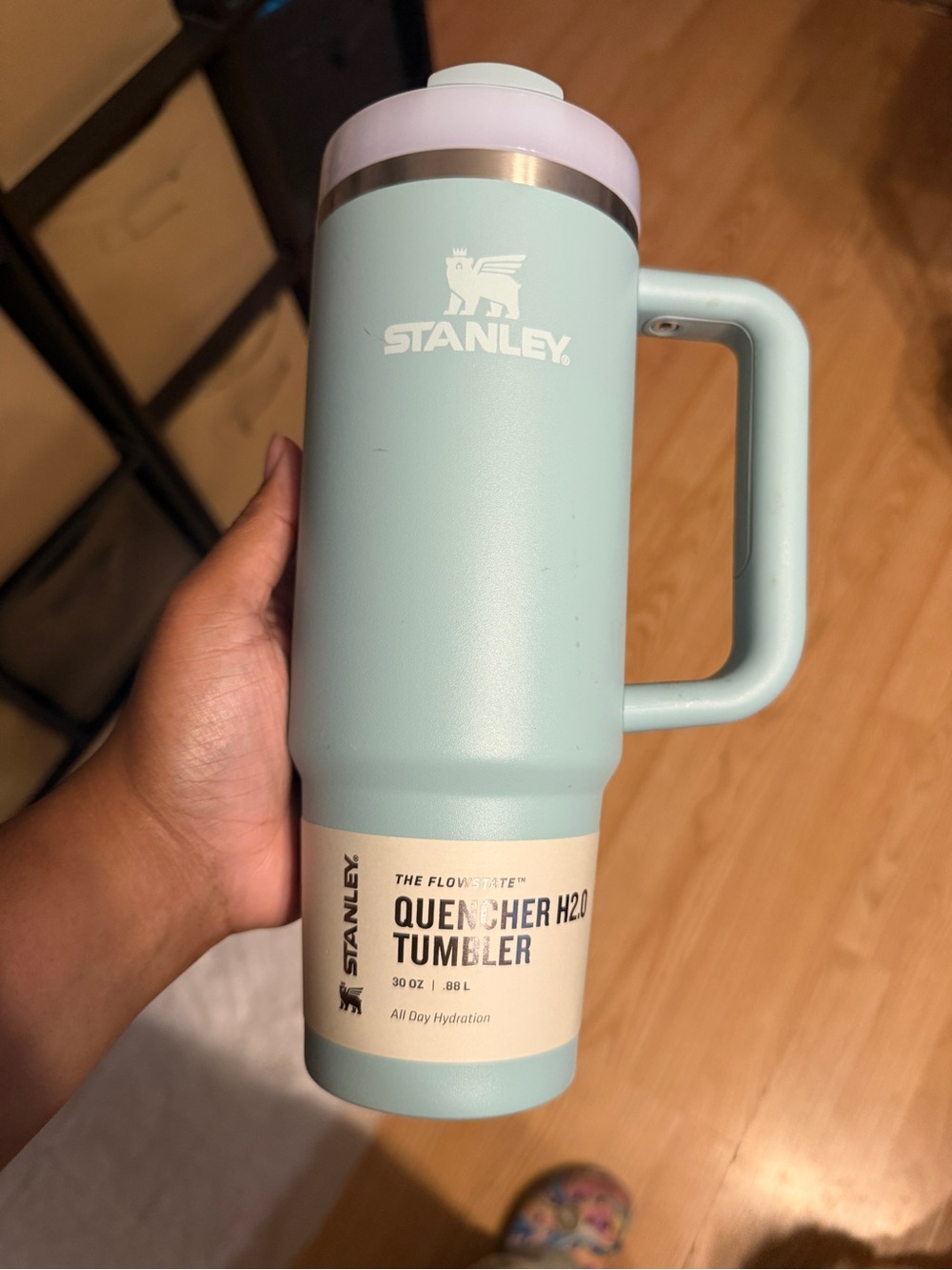 Stanley pastel aqua travel tumbler with pale pink lid